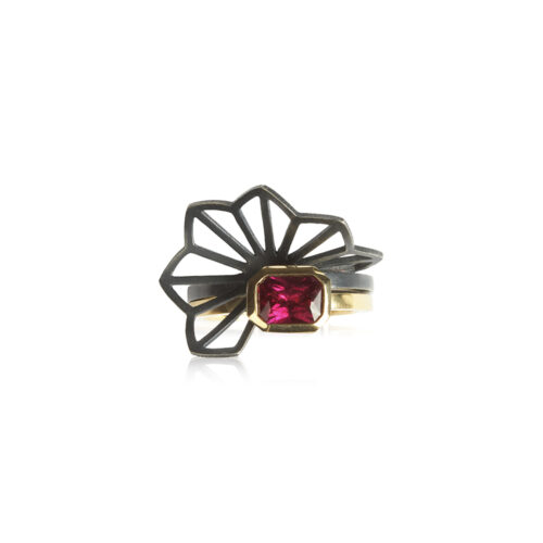 Rubellite hexagonal tourmaline ring with Medium fold hyacinth stacking ring