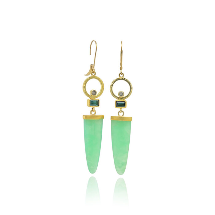 Chrysoprase, tourmaline and diamond earrings with hammered cirlces