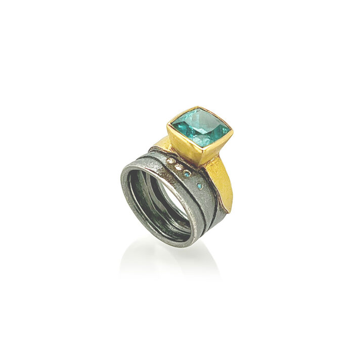 blue green tourmaline and fancy diamond ring