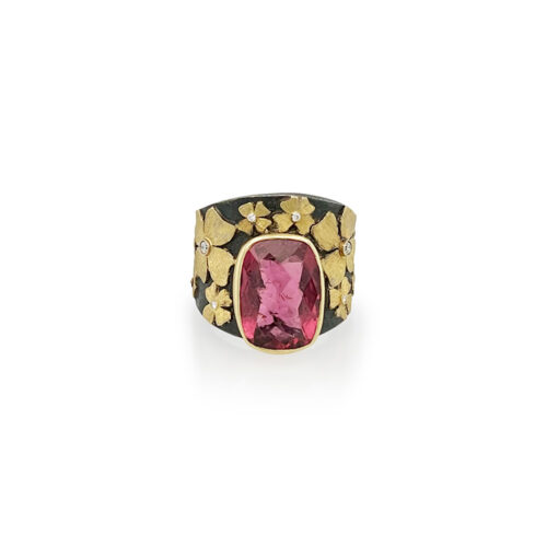 Rubellite tourmaline flower ring with diamonds