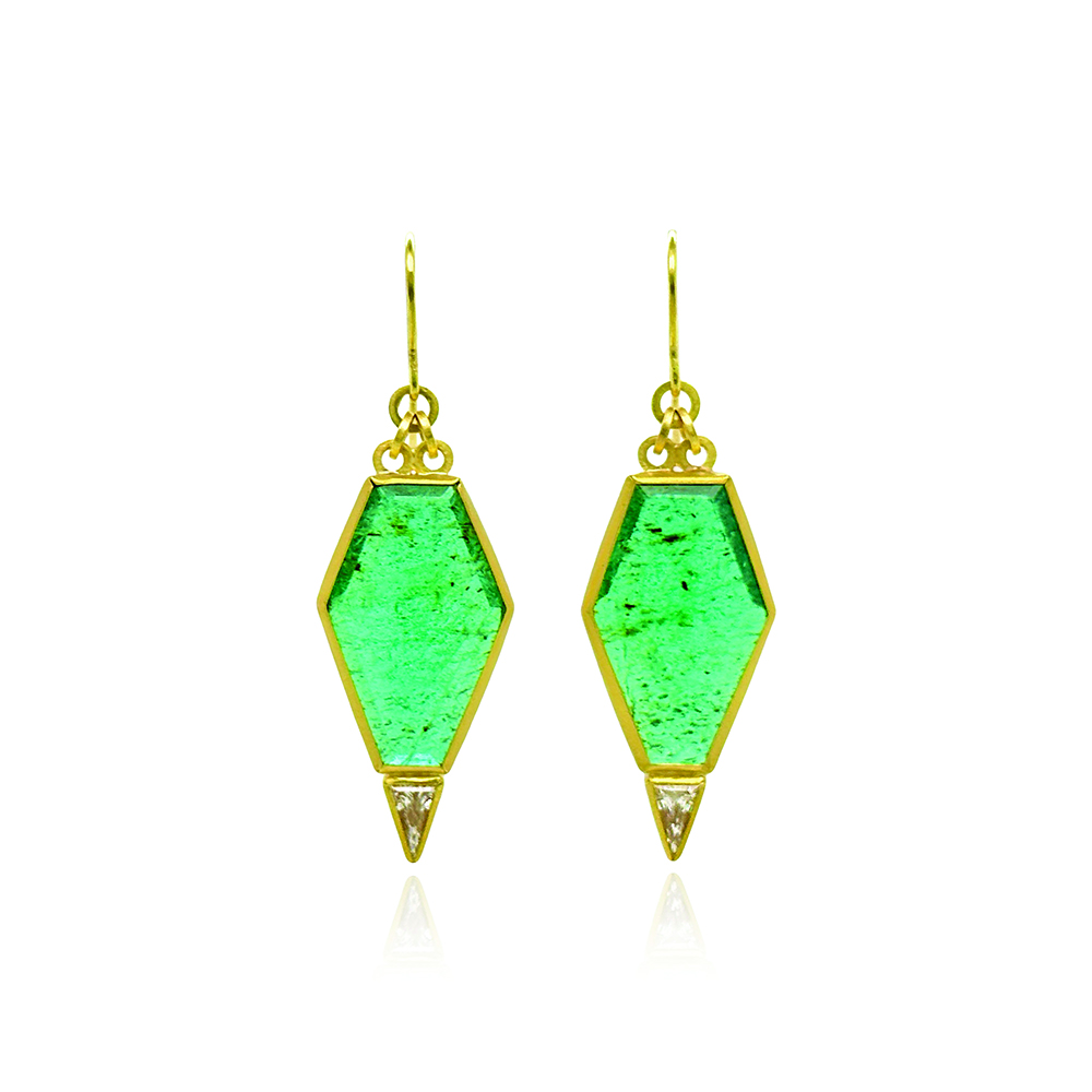 geometric emerald and diamond drop earrings