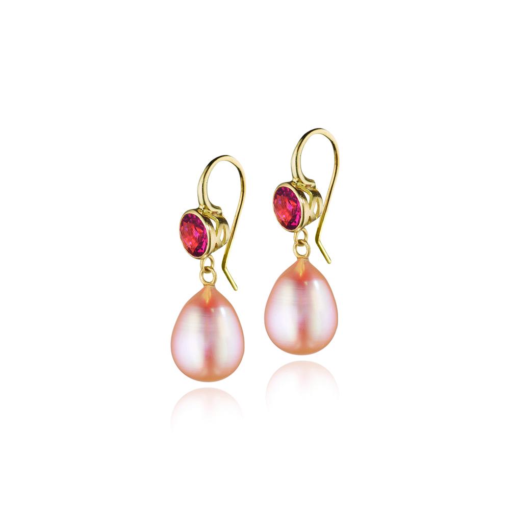 18k gold bezel set pink zircon earrings with blush colored fresh water pearl drops