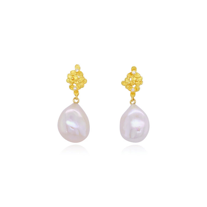 white fresh water pearl and trillium diamond cluster top earrings