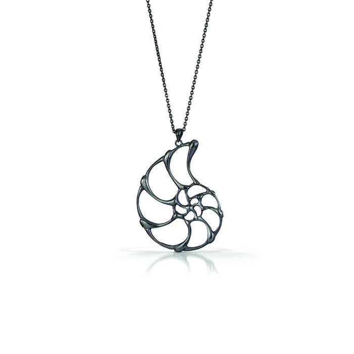 open ammonite necklace in oxidized sterling silver