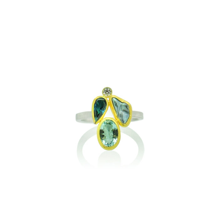 aquamarine, tourmaline, keshi pearl and diamond ring