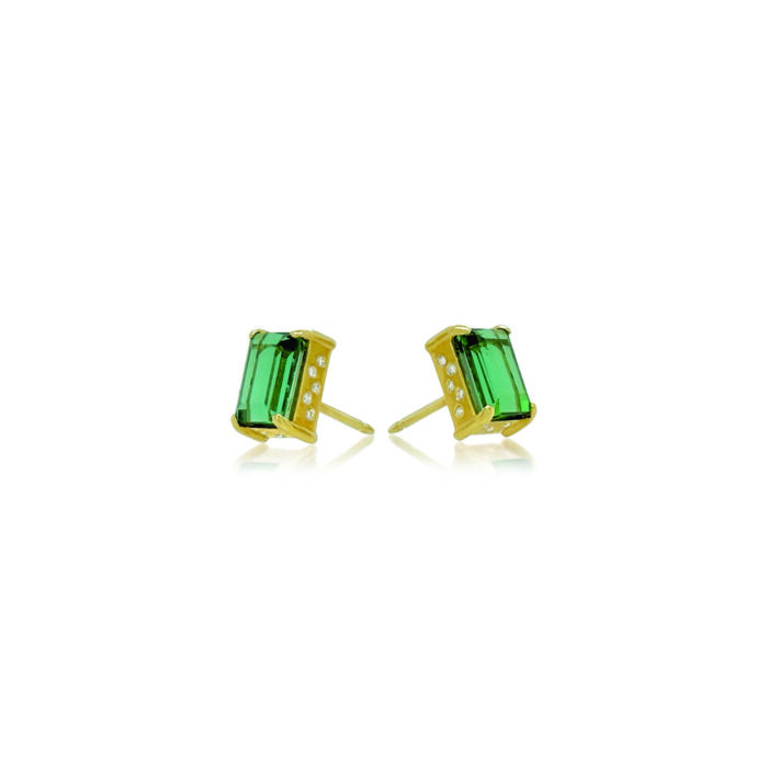 emerald cut tourmaline earrings with diamond in bezel