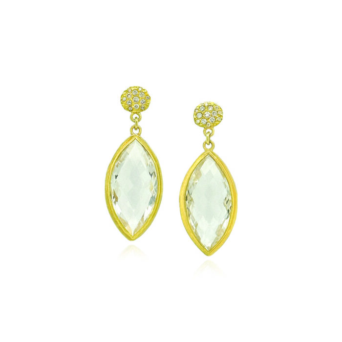 rosecut marquis quartz earrings with silk disc tops