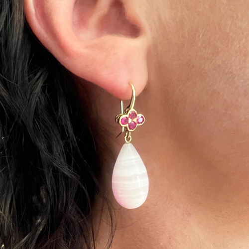 pink sapphire clover earrings with aragonite drops