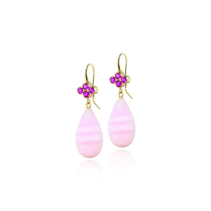 pink sapphire top clover earrings with aragonite drops