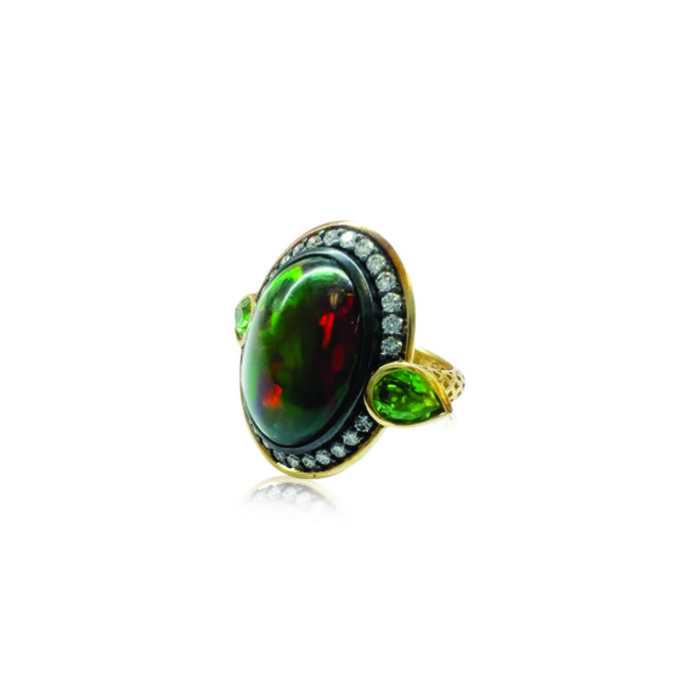 Opal, diamond and tsavorite garnet ring