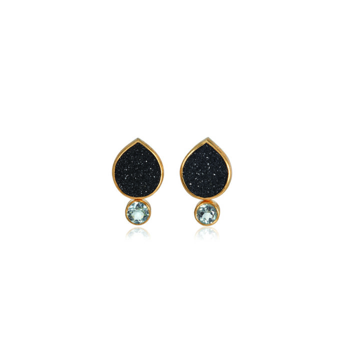 teardrop black druzy earrings with aquamarines