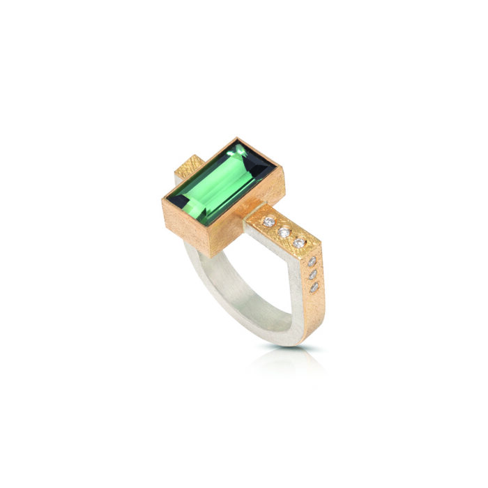 rectangular green tourmaline ring with diamonds