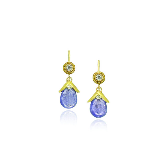 smooth tanzanite leaf top earrings with diamonds