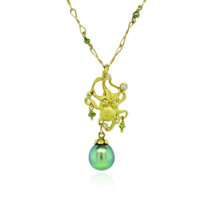 octopus pendant in 18k with Tahitian pearl and green and white diamonds