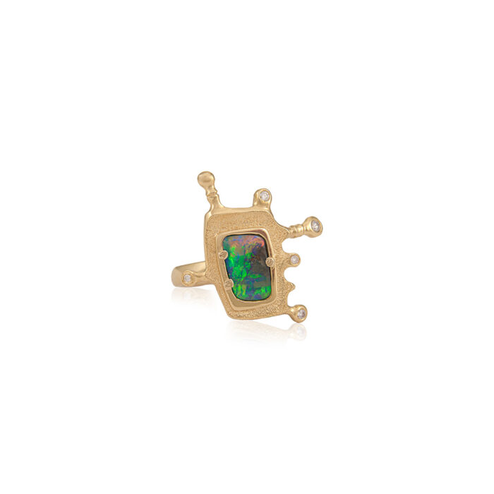 rectangular Australian boulder opal ring with diamonds