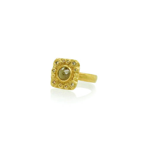 square ring with rose cut center diamond and champagne diamond surround