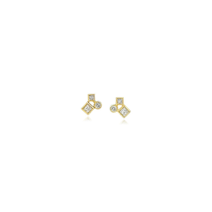 "Confetti" diamond cluster stud earrings in 18k gold with recycled diamonds, .25 cttw.  Earrings are 1/4" in diameter (6 mm).