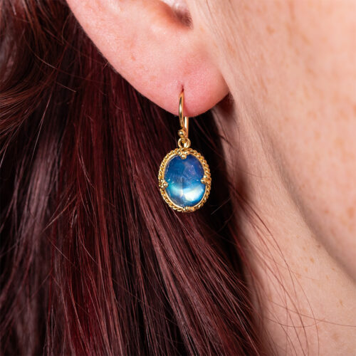 oval blue flash moonstone earrings