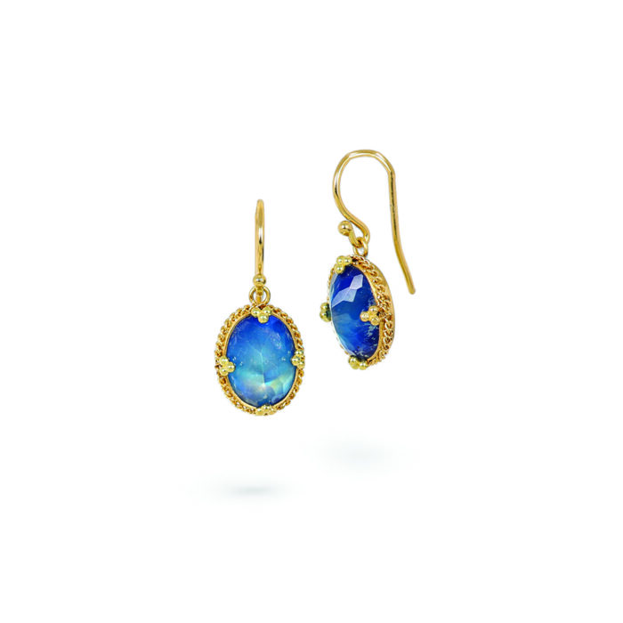 oval blue-flash moonstone earrings with woven chain surround and granulated prongs