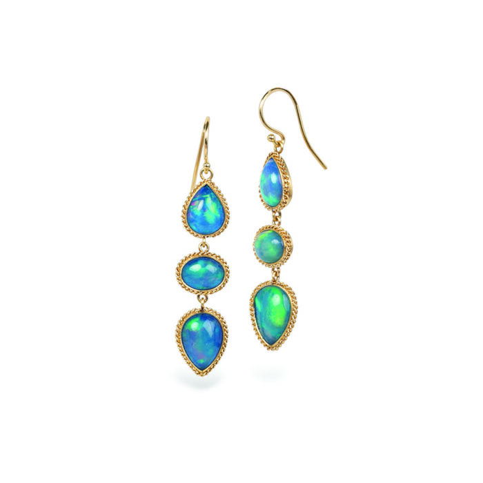 triple drop Ethiopian opal earrings with woven chain surround and French wires.