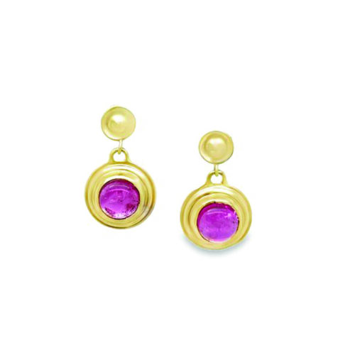 Saturn earrings with pink tourmaline in 14k green gold