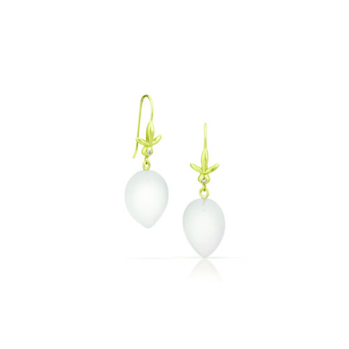 Petite fleur earrings with frosted quartz lotus drops and diamonds in 14k green gold