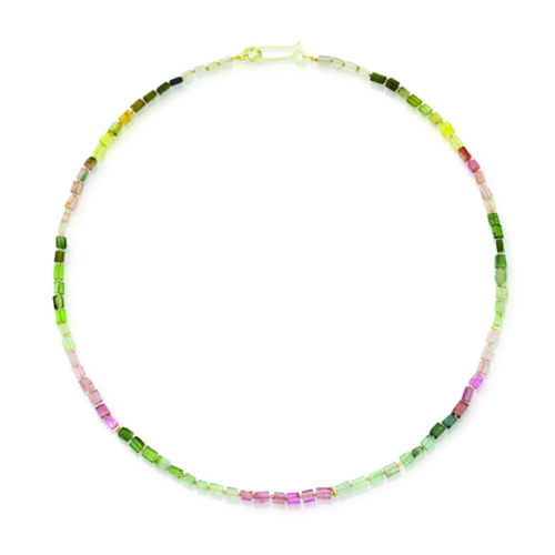 Multicolor tourmaline cube necklace with 14k green gold clasp