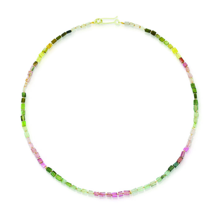 Multicolor tourmaline cube necklace with 14k green gold clasp