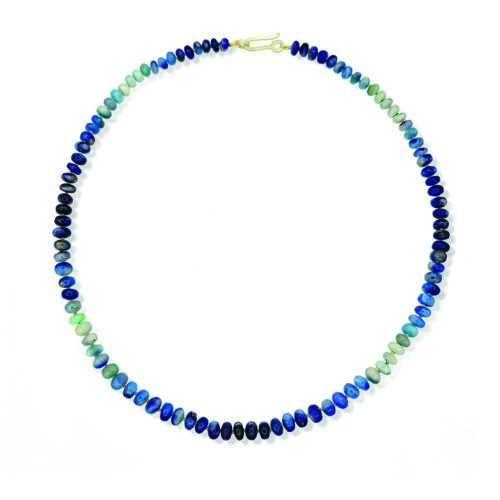 Chrysocolla, malachite, and azurite mix faceted beads on gold silk with 14k green gold clasp.