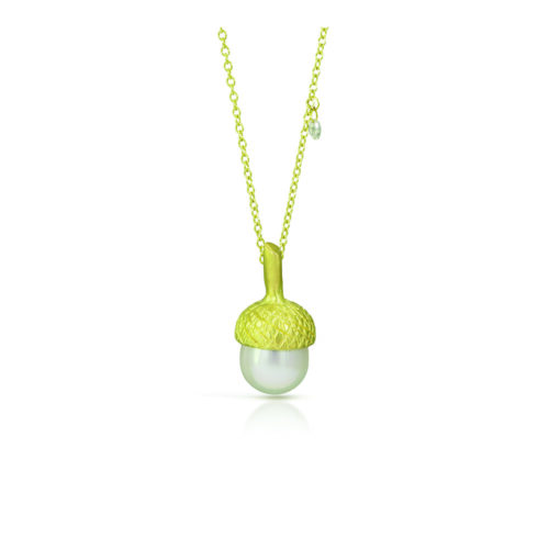 Acorn necklace with south sea pearl and diamond briolette in 18k green gold