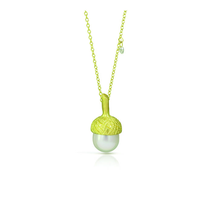 Acorn necklace with south sea pearl and diamond briolette in 18k green gold
