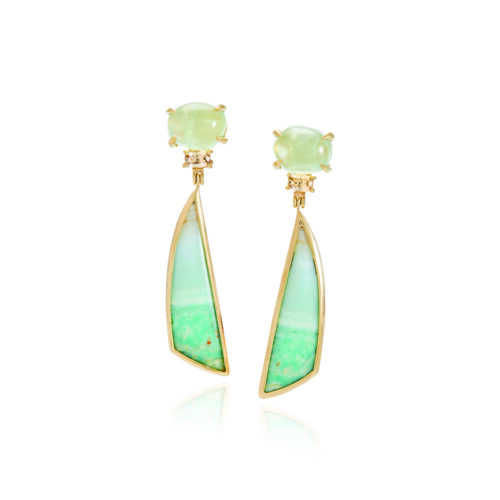 Prehnite, zircon, and petrified opalized wood stud back earrings with omega clips set in 18K yellow gold. Earrings are 2 1/2" long x 1/2" wide (6.3cm x 13mm)