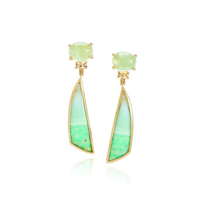 Prehnite, zircon, and petrified opalized wood stud back earrings with omega clips set in 18K yellow gold. Earrings are 2 1/2" long x 1/2" wide (6.3cm x 13mm)