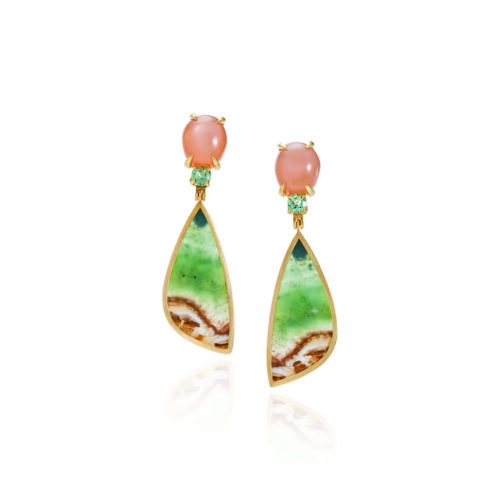 Peach moonstone, mint tourmaline and petrified opalized wood stud back earrings with omega clips set in 18k yellow gold. Earrings are 2 1/2" long x 11/16" wide (6.3cm x 18mm)