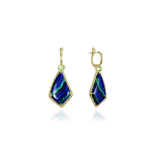 Green tourmaline and azurite-malachite classic drop wire earrings with a lever snap back set in 18k yellow gold. Earrings are 1 9/16" long x 5/8" wide (40 x 16mm)