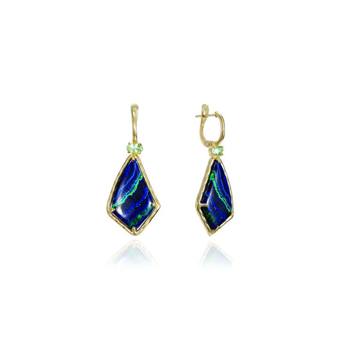 Green tourmaline and azurite-malachite classic drop wire earrings with a lever snap back set in 18k yellow gold. Earrings are 1 9/16" long x 5/8" wide (40 x 16mm)