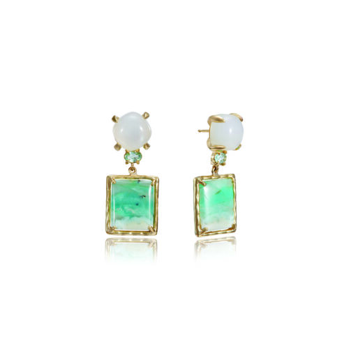 Moonstone, pale green tourmaline and petrified opalized wood stud back earrings set in 18k yellow gold. Earrings are 1 3/8" long x 1/2" wide (35 x 13 mm)