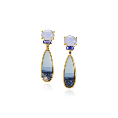 Chalcedony, iolite and maligano jasper stud back earrings with omega clips set in 18k yellow gold. Earrings are 2 1/4" long x 9/16" wide (5.7cm x 14mm)