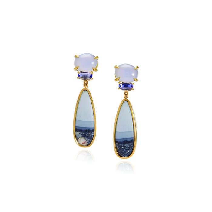 Chalcedony, iolite and maligano jasper stud back earrings with omega clips set in 18k yellow gold. Earrings are 2 1/4" long x 9/16" wide (5.7cm x 14mm)