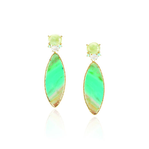 Prehnite, apatite, rainbow moonstone and petrified opalized wood stud back earrings with omega clips set in 18k yellow gold. Earrings are 3" long x 7/8" wide (7.5 cm x 23 mm)
