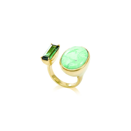 Green tourmaline and green variscite in a 18k yellow gold band. Ring is 13/16" wide (21mm) and is a size 5.75