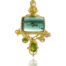 "Dreaming in Green" pendant with a rectangular, light indicolite blue-green tourmaline cabochon with a feather inclusion, 11.95 cts, and mixed shape and color tourmalines and white sapphire cabochons, set in 22k and 18k gold. Pendant is 1 5/8" long x 1" wide (41 x 25mm).