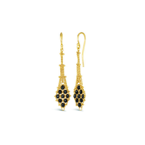 Textile drop black diamond earrings with approximately 1.5 cttw, in 18k yellow gold. Earrings are 1 3/4" long x 3/8" wide (44 x 10mm).