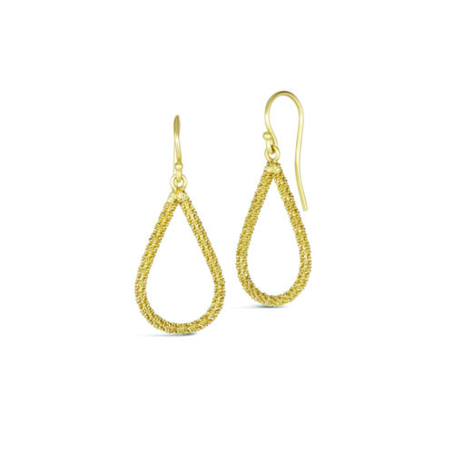 Stardust tear drop earrings (small) are 18k diamond cut chain wrapped around gold hoops. Earrings are 1 1/4" x 5/8" (32 x 15mm).