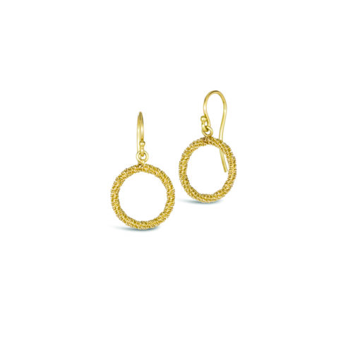 Stardust small circle earrings are 18k diamond cut chain wrapped around gold hoops. Earrings are 1" long x 5/8" wide (25 x 15mm).