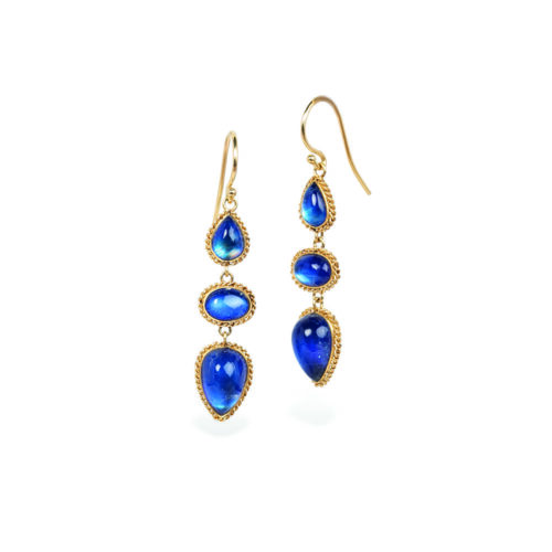One-of-a-kind triple drop, blue-flash moonstone earrings, 8.05 cttw. Total length of earrings is 42mm and are 8mm wide including the 18k French wires.