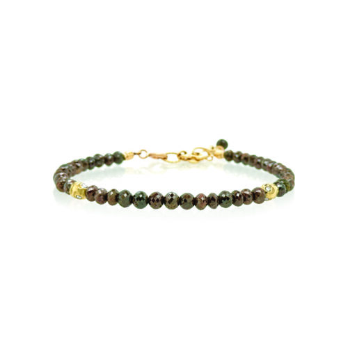 Chocolate diamond faceted bead bracelet, approximately 20 cttw, with 18k yellow gold owl spacer beads with VS White diamonds. Bracelet is 7" long with a 1 3/4" extension chain and lobster clasp. Diamonds are graduated 4mm-4.5mm.