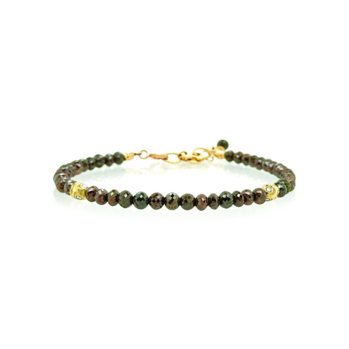 Chocolate diamond faceted bead bracelet, approximately 20 cttw, with 18k yellow gold owl spacer beads with VS White diamonds. Bracelet is 7" long with a 1 3/4" extension chain and lobster clasp. Diamonds are graduated 4mm-4.5mm.