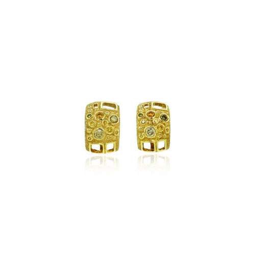 18k yellow gold multicolored diamond "Library of Curiousity" earrings with squared corners, post back and omega clips. Earrings are 10mm wide x 15 mm long.