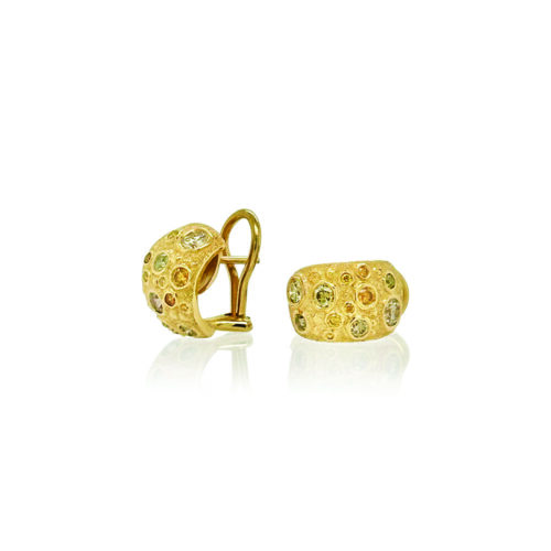 18k yellow gold multicolored diamond "Library of Curiousity" earrings with squared corners, post back and omega clips. Earrings are 10mm wide x 13 mm long.